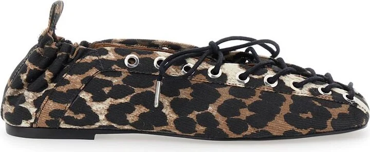 Brown Lace-Up Ballerinas With Metal Eyelets And All-Over Print In Fabric Woman