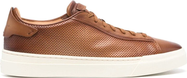 Brown Leather Casual Trainers With Perforated Detailing