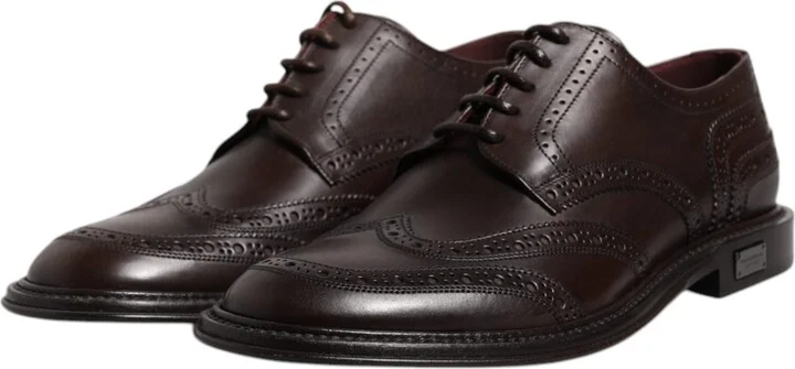 Brown Leather Derby Wingtip Lace Up Formal Dress Men's Shoes - Image 4