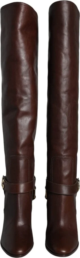 Brown Leather Gold Tone Logo High Boots Women's Shoes - Image 2