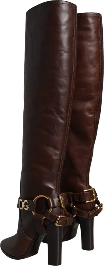 Brown Leather Gold Tone Logo High Boots Women's Shoes - Image 3