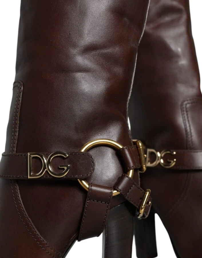 Brown Leather Gold Tone Logo High Boots Women's Shoes - Image 4
