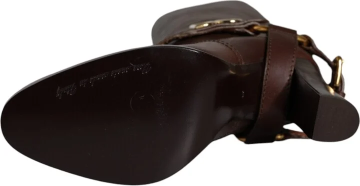 Brown Leather Gold Tone Logo High Boots Women's Shoes - Image 5