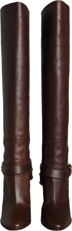Brown Leather Gold Tone Logo High Boots Women's Shoes (Pre-Owned) - Image 2