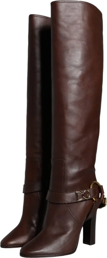 Brown Leather Gold Tone Logo High Boots Women's Shoes (Pre-Owned) - Image 3