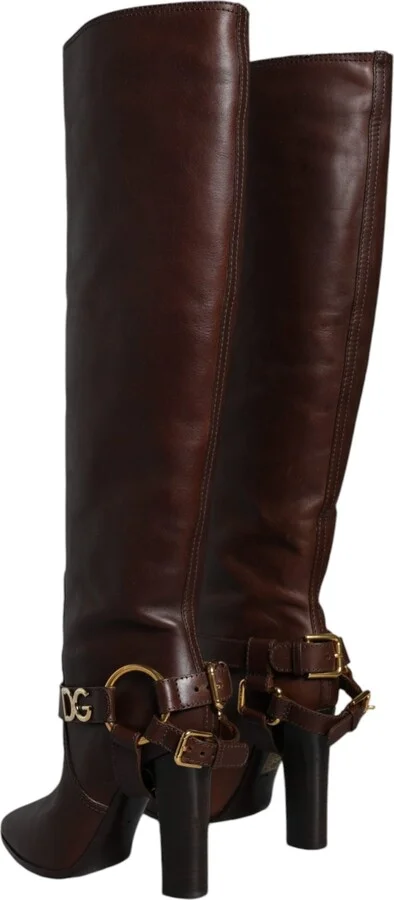 Brown Leather Gold Tone Logo High Boots Women's Shoes (Pre-Owned) - Image 4