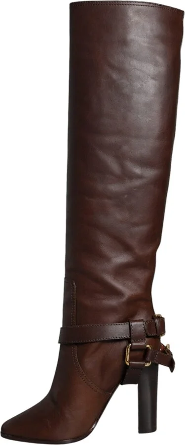 Brown Leather Gold Tone Logo High Boots Women's Shoes (Pre-Owned) - Image 5