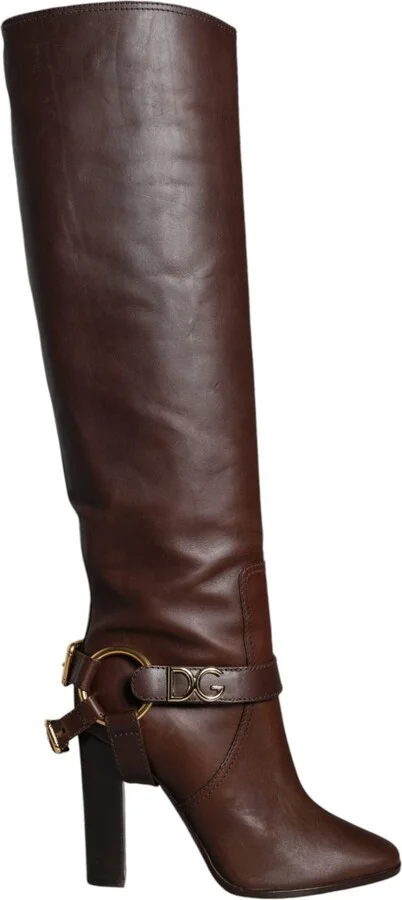 Brown Leather Gold Tone Logo High Boots Women's Shoes (Pre-Owned)