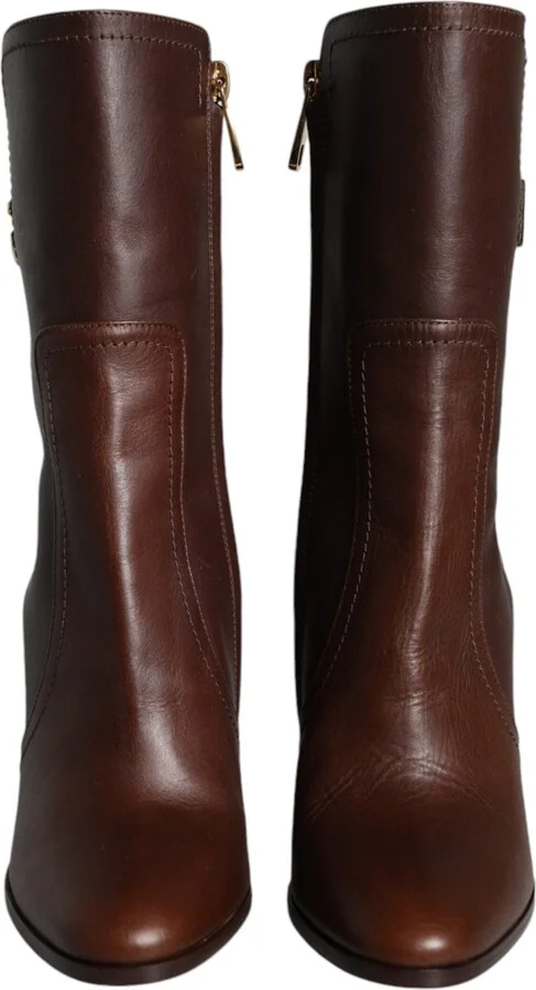 Brown Leather Heels Mid Calf Boots Women's Shoes - Image 2