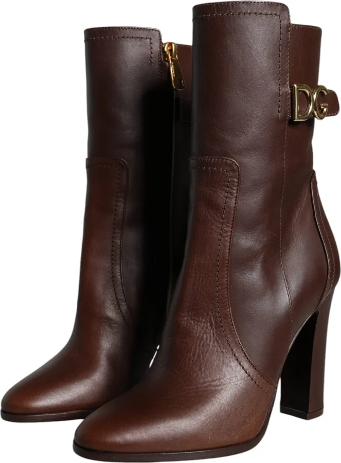 Brown Leather Heels Mid Calf Boots Women's Shoes - Image 3