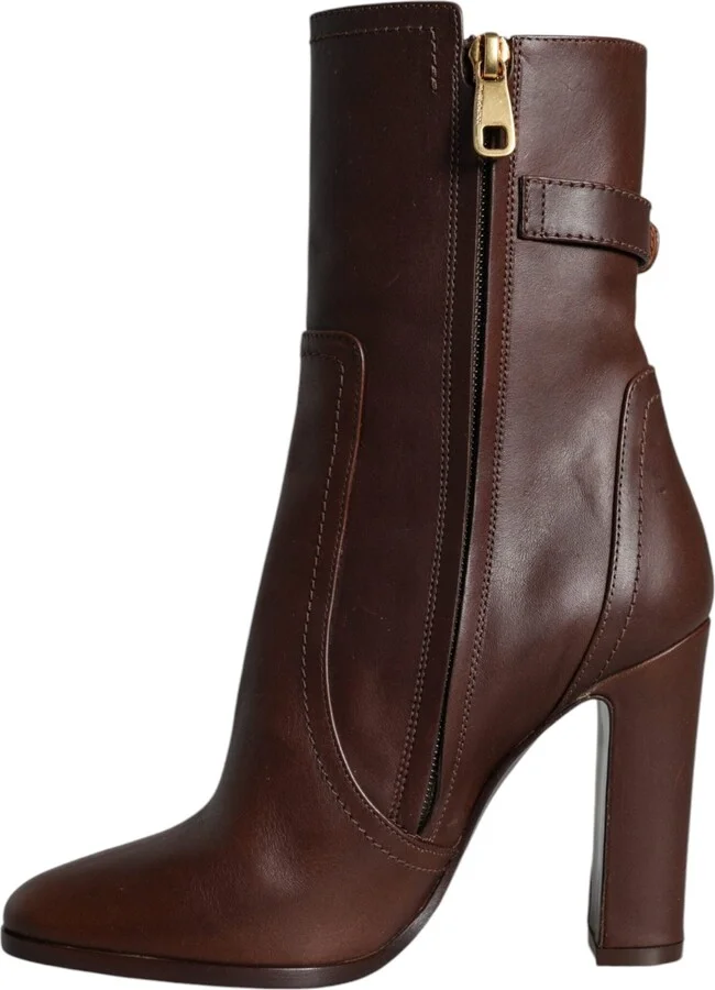 Brown Leather Heels Mid Calf Boots Women's Shoes - Image 4