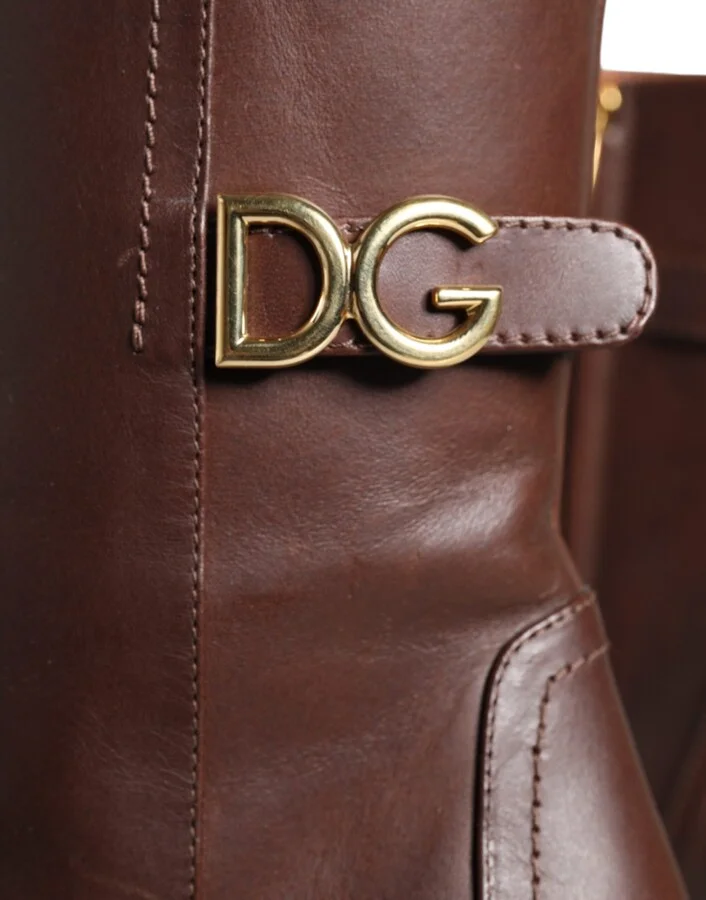 Brown Leather Heels Mid Calf Boots Women's Shoes - Image 5
