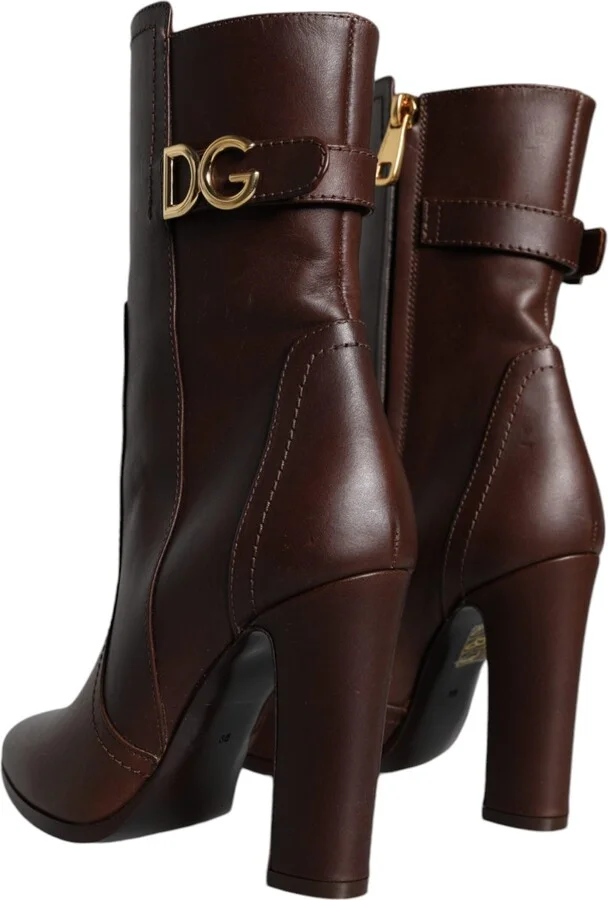 Brown Leather Heels Mid Calf Boots Women's Shoes - Image 6