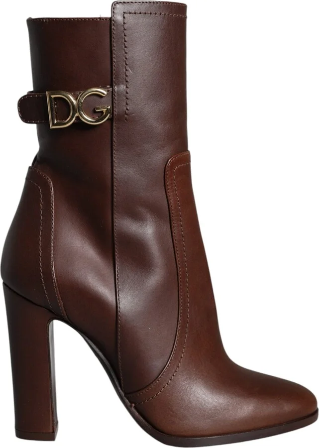 Brown Leather Heels Mid Calf Boots Women's Shoes