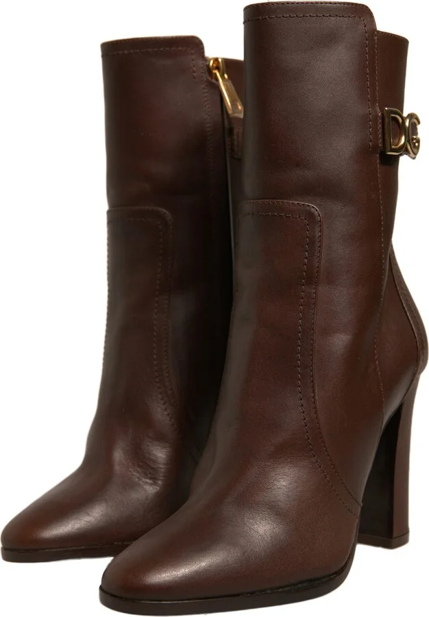Brown Leather Heels Mid Calf Boots Women's Shoes (Pre-Owned) - Image 3
