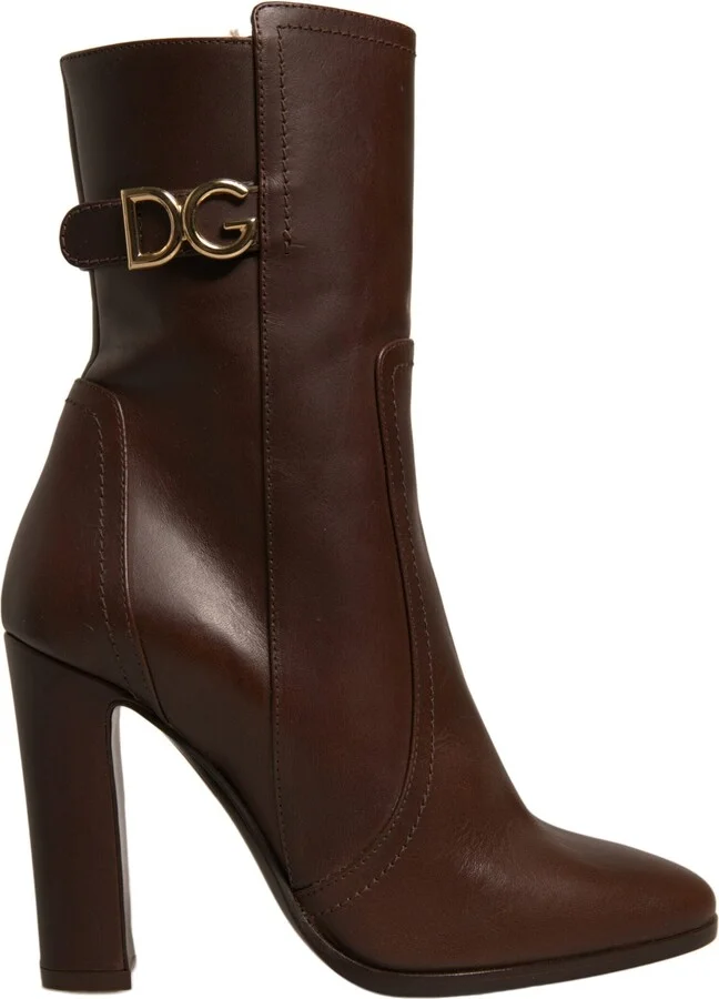 Brown Leather Heels Mid Calf Boots Women's Shoes (Pre-Owned)