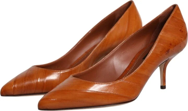 Brown Leather Kitten Heels Pumps Women's Shoes - Image 4