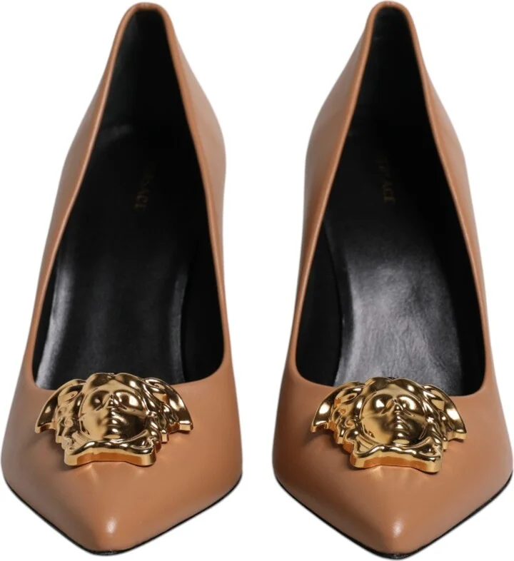 Brown Leather Logo Plaque High Heels Pumps Women's Shoes - Image 2