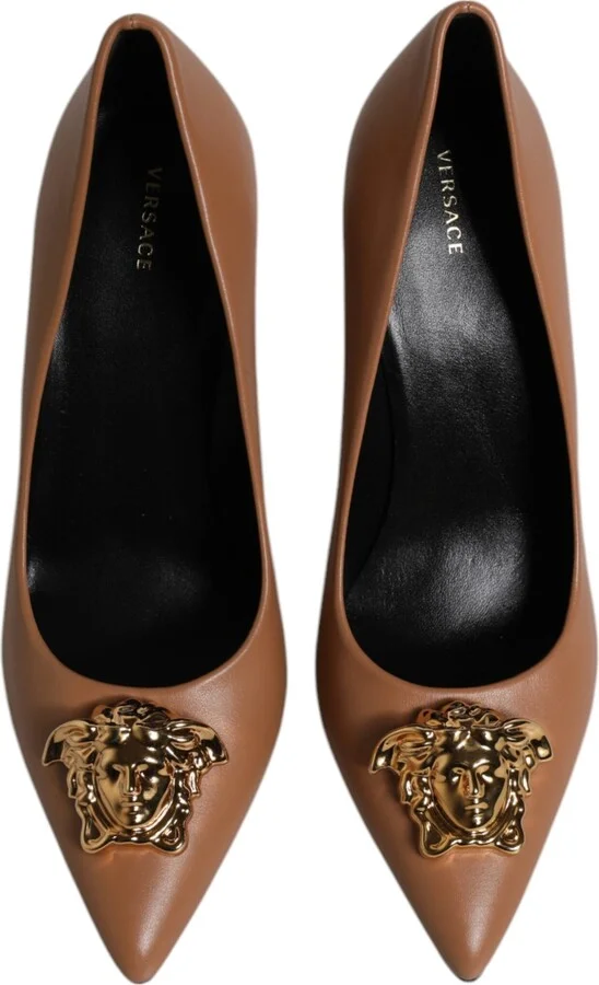 Brown Leather Logo Plaque High Heels Pumps Women's Shoes - Image 3