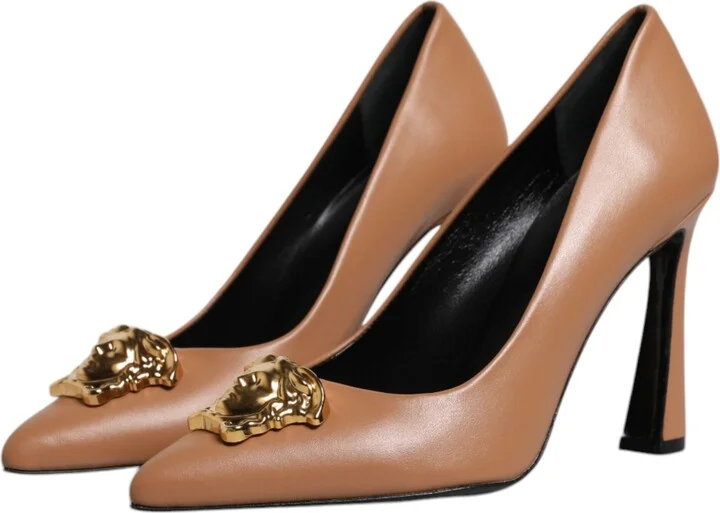 Brown Leather Logo Plaque High Heels Pumps Women's Shoes - Image 4