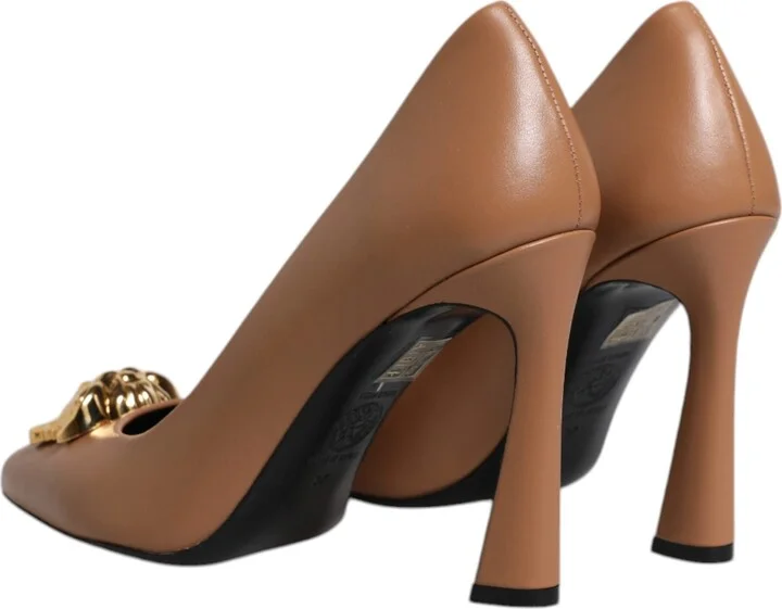 Brown Leather Logo Plaque High Heels Pumps Women's Shoes - Image 5