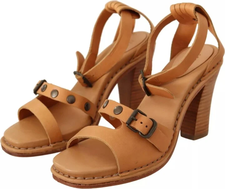 Brown Leather Studded Ankle Strap Sandals Women's Shoes (Pre-Owned) - Image 2