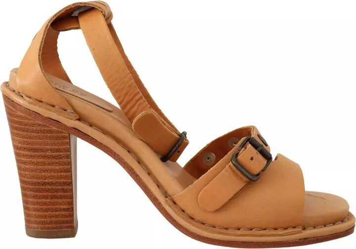 Brown Leather Studded Ankle Strap Sandals Women's Shoes (Pre-Owned)