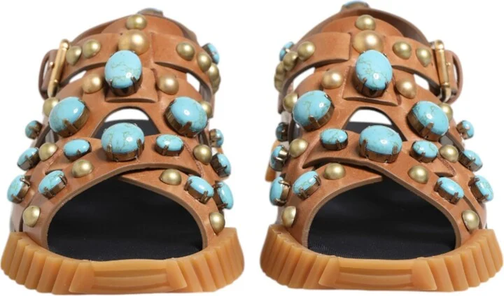 Brown Leather Studded Slides Sandals Men's Shoes - Image 2