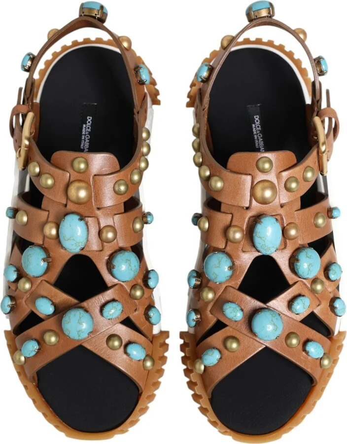 Brown Leather Studded Slides Sandals Men's Shoes - Image 3