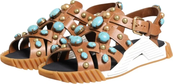 Brown Leather Studded Slides Sandals Men's Shoes - Image 4