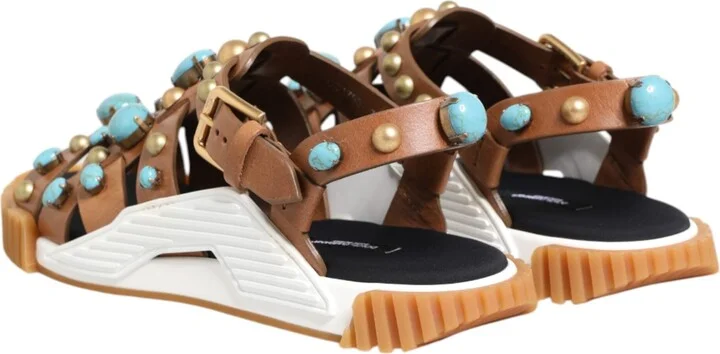 Brown Leather Studded Slides Sandals Men's Shoes - Image 5