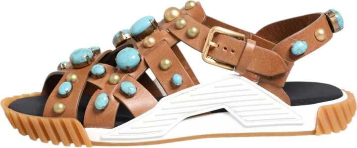 Brown Leather Studded Slides Sandals Men's Shoes - Image 6