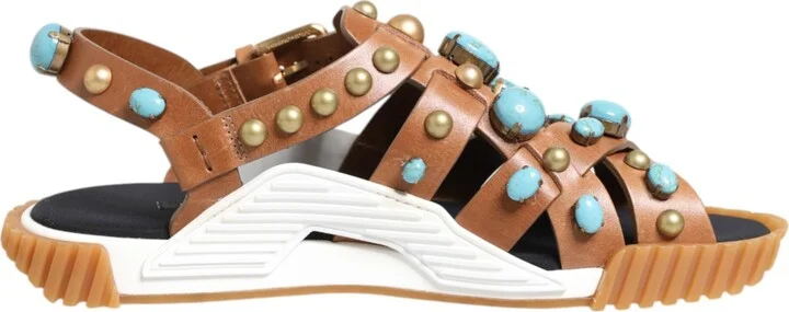 Brown Leather Studded Slides Sandals Men's Shoes