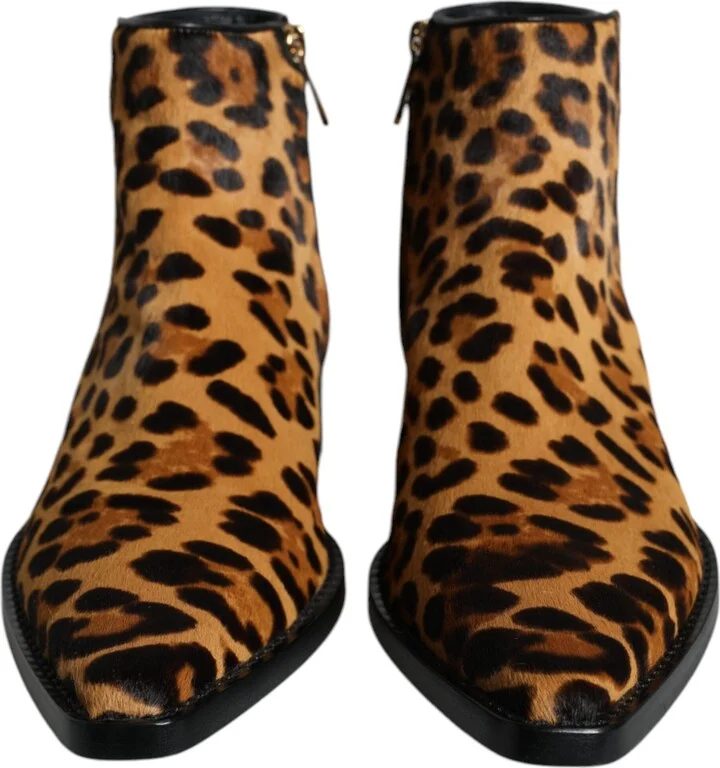 Brown Leopard Calf Fur Ankle Boots Women's Shoes - Image 2