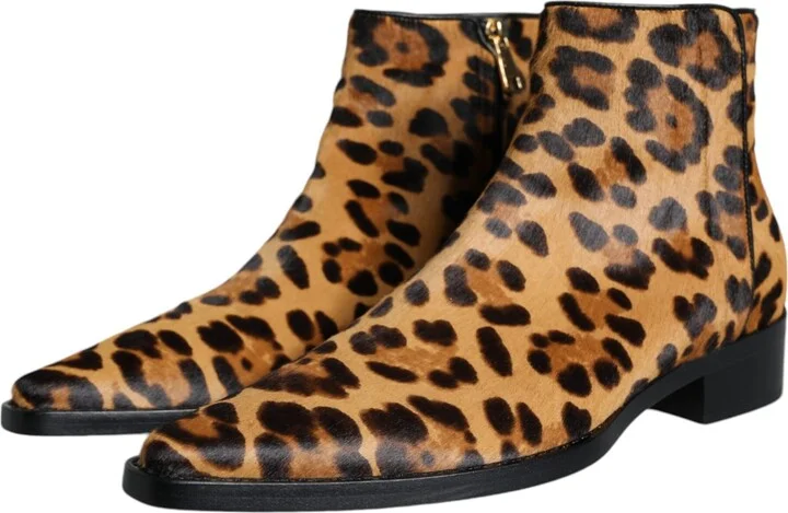 Brown Leopard Calf Fur Ankle Boots Women's Shoes - Image 3
