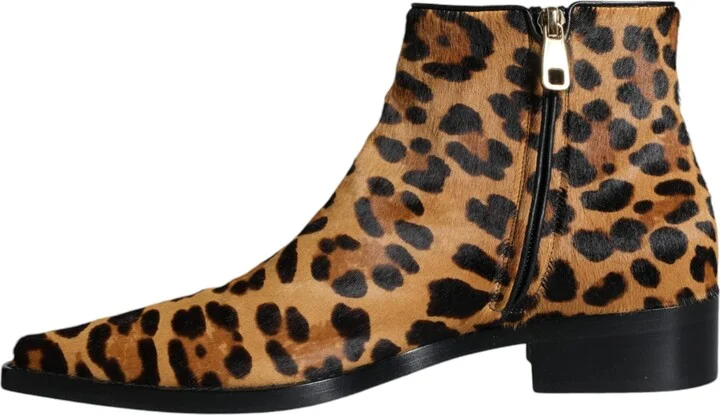 Brown Leopard Calf Fur Ankle Boots Women's Shoes - Image 4