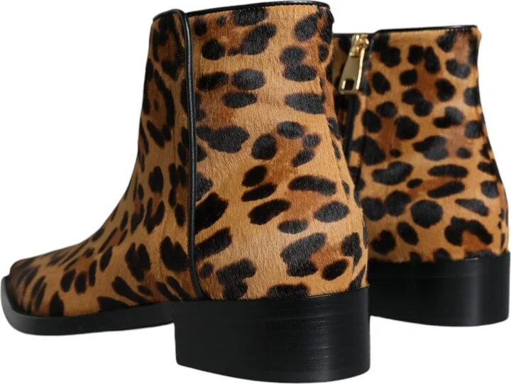 Brown Leopard Calf Fur Ankle Boots Women's Shoes - Image 5