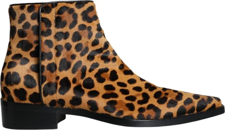Brown Leopard Calf Fur Ankle Boots Women's Shoes