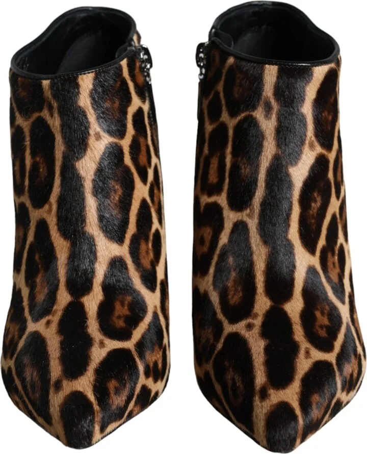 Brown Leopard Calf Fur Heels Ankle Boots Women's Shoes - Image 2