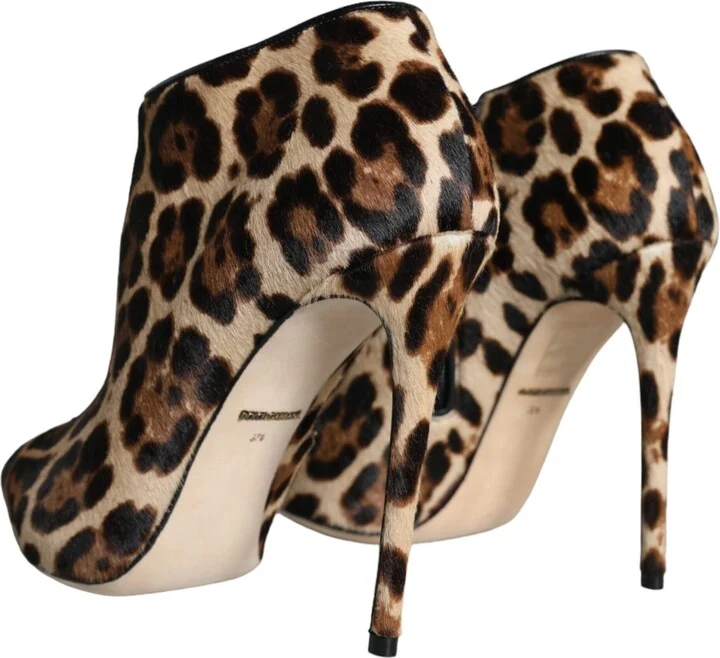 Brown Leopard Calf Fur Heels Ankle Boots Women's Shoes - Image 4