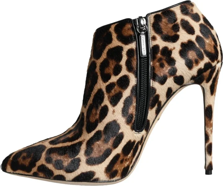 Brown Leopard Calf Fur Heels Ankle Boots Women's Shoes - Image 5