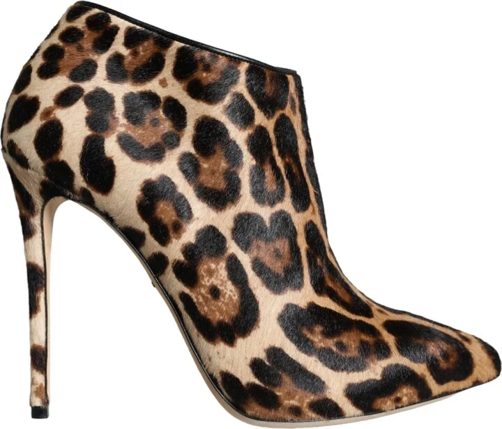 Brown Leopard Calf Fur Heels Ankle Boots Women's Shoes