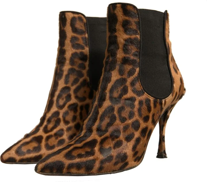 Brown Leopard Leather Stretch Heels Boots Women's Shoes (Pre-Owned) - Image 3