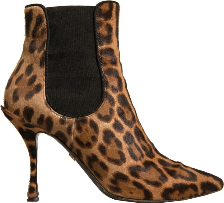 Brown Leopard Leather Stretch Heels Boots Women's Shoes (Pre-Owned)