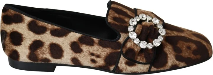 Brown Leopard Print Crystals Loafers Flats Women's Shoes