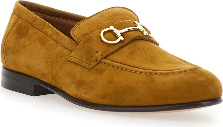 Brown Loafers With Almond Toe And Gancini Detail On The Front In Suede Woman