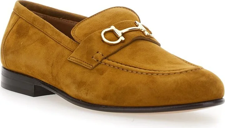 Brown Loafers With Almond Toe And Gancini Detail On The Front In Suede Woman