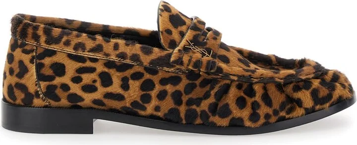 Brown Loafers With Cassandre Logo And Leopard Motif In Fabric Woman