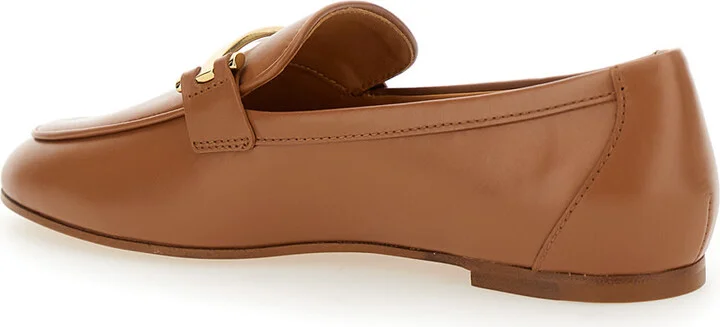 Brown Loafers With Logo Plaque In Leather Woman
