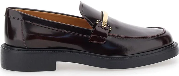 Brown Loafers With Logo Plaque In Leather Woman